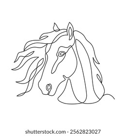 Horse head drawn in continuous line in minimalism, logo, tattoo, symbol of year, one line, editable vector contour