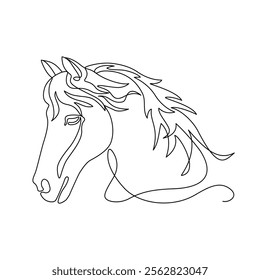 Horse head drawn in continuous line in minimalism, logo, tattoo, symbol of year, one line, editable vector contour