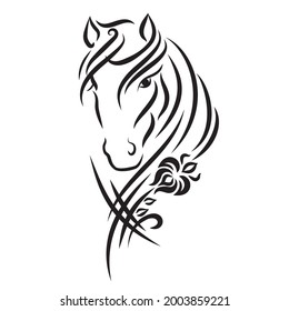 Horse head drawn in strokes. Black and white drawing of a horse muzzle, mane and flower. vector illustration isolated on white background. Calligraphic drawing. Tattoo design. Horse Head Logo. 