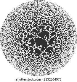 Horse head elements are grouped into spheric group. Horse head icon spheric mosaic. Abstraction spheric cluster mosaic is organized from horse head symbols.