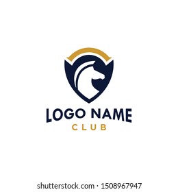 Horse head with equestrian Shield Logo design icon vector, modern shield concept of protection or royal kingdom or stallion race