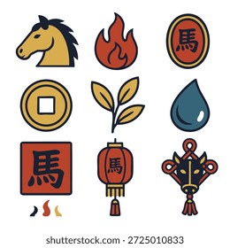 A cabeça de cavalo fogo moeda folha água lanterna charme emblema festivo vermelho amarelo azul