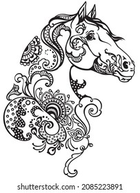 horse head floral style. Mehndi henna tattoo. Black and white vector illustration