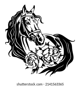 Horse head, flower horse hand drawn. Printing and cutting vinyl files