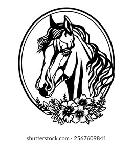 Horse head with flowers and leaves. Flower horse hand drawn. Printing and laser cutting vinyl file. Vector illustration. Template for embroidery, card design, interior, stickers, stencil, scrapbooking