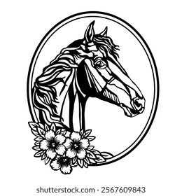 Horse head with flowers and leaves. Flower horse hand drawn. Printing and laser cutting vinyl file. Vector illustration. Template for embroidery, card design, interior, stickers, stencil, scrapbooking