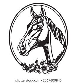 Horse head with flowers and leaves. Flower horse hand drawn. Printing and laser cutting vinyl file. Vector illustration. Template for embroidery, card design, interior, stickers, stencil, scrapbooking