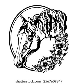 Horse head with flowers and leaves. Flower horse hand drawn. Printing and laser cutting vinyl file. Vector illustration. Template for embroidery, card design, interior, stickers, stencil, scrapbooking