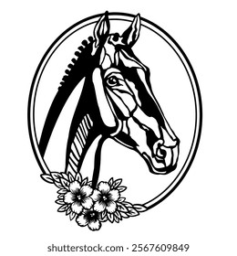 Horse head with flowers and leaves. Flower horse hand drawn. Printing and laser cutting vinyl file. Vector illustration. Template for embroidery, card design, interior, stickers, stencil, scrapbooking