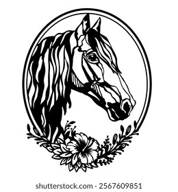 Horse head with flowers and leaves. Flower horse hand drawn. Printing and laser cutting vinyl file. Vector illustration. Template for embroidery, card design, interior, stickers, stencil, scrapbooking