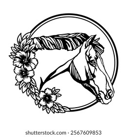 Horse head with flowers and leaves. Flower horse hand drawn. Printing and laser cutting vinyl file. Vector illustration. Template for embroidery, card design, interior, stickers, stencil, scrapbooking