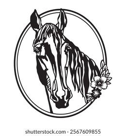 Horse head with flowers and leaves. Flower horse hand drawn. Printing and laser cutting vinyl file. Vector illustration. Template for embroidery, card design, interior, stickers, stencil, scrapbooking