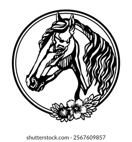 Horse head with flowers and leaves. Flower horse hand drawn. Printing and laser cutting vinyl file. Vector illustration. Template for embroidery, card design, interior, stickers, stencil, scrapbooking