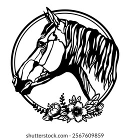 Horse head with flowers and leaves. Flower horse hand drawn. Printing and laser cutting vinyl file. Vector illustration. Template for embroidery, card design, interior, stickers, stencil, scrapbooking