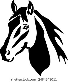 Horse head with flowing mane black and white vector design. Handmade without artificial intelligence