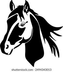 Horse head with flowing mane black and white vector design. Handmade without artificial intelligence