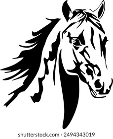 Horse head with flowing mane black and white vector design. Handmade without artificial intelligence