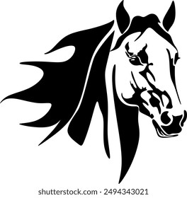 Horse head with flowing mane black and white vector design. Handmade without artificial intelligence