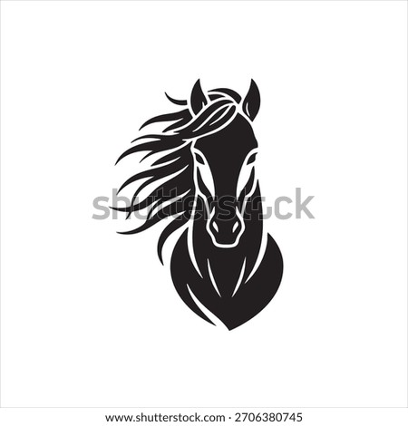 Horse head with flowing mane icon, strong equine emblem, black and white horse graphic, elegant animal profile, majestic wild animal art.