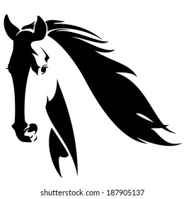 horse head with flying mane black and white vector design