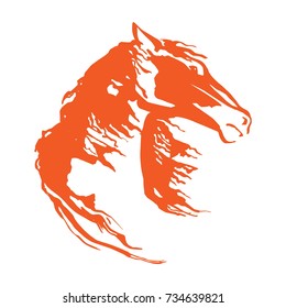 Horse head with flying mane. Vector hand drawing illustration. Isolated mustang animal image on white background. 