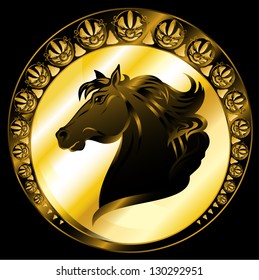 horse head golden black medallion - antique style luxurious vector illustration