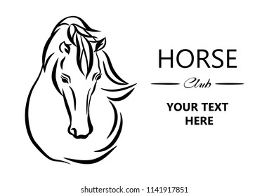 Horse head graphic logo template, vector illustration on white background. Stylish horse head outline for stable, farm, club race design. Racer or rearing mustang and running stallion.