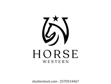 horse head with horseshoe logo design. linear style luxury icon vector