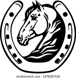 horse head in the horseshoe. Logo. icon, emblem. Black and white vector