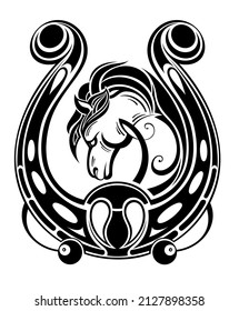 Horse head in the horseshoe. Logo. icon, emblem.