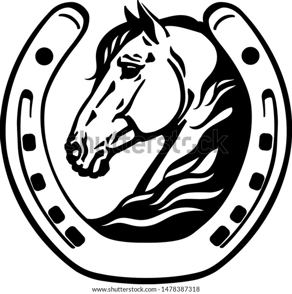 horse head in the horseshoe. Logo. icon, emblem.\
Black and white vector