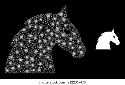 Horse head icon and glowing mesh net horse head model with glossy spots. Illuminated model is done using horse head vector icon and triangle mesh. Glowing carcass horse head, on a black background.