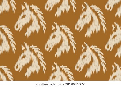 Horse Head Ikat Pattern, Seamless Ethnic Equine Fabric Vector, Traditional Tribal Geometric Animal Silhouette Wallpaper, Southwestern Saddle Brown Textile Design 