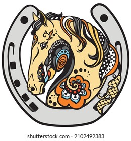 Horse Head Inside A Horseshoe. Floral style decor, emblem, a symbol of luck and fortune. Vector illustration