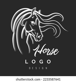 Diseño del logotipo de Cabeza de Cabeza de Cabeza de Caballo en fondo negro. Ilustración del vector