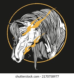 horse head logo design with ra diance fire