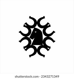 Horse head logo design surrounded by horseshoes.