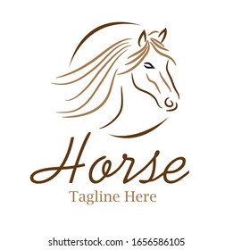 Horse head logo stroke art vector illustration with dummy text for multipurpose use.