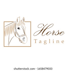 Horse head logo stroke art vector illustration with dummy text for multipurpose use.