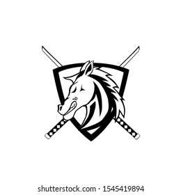 horse head logo and sword shield. line art style logo design. logo for template