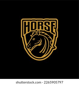plantilla de logotipo de cabeza de caballo con escudo, aislado sobre fondo negro, emblema, insignia para el logotipo de la granja de caballos, logotipo de carreras de caballos