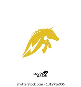 Horse Head logo with thunder or lightning as fast speed concept. Silhouette of jump horse. Horse race sport competition, or apparel brand, raise up company. Apply to web site, Adds, Apps icon, brand