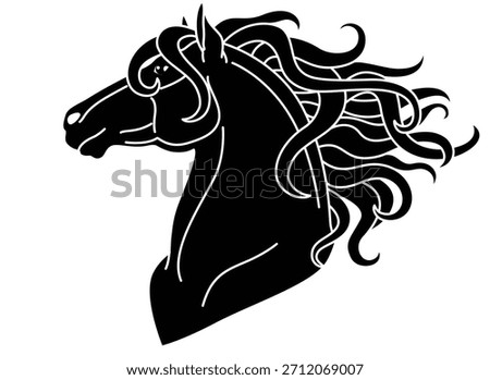 Horse head with a long, lush mane, animal portrait - vector silhouette image for a logo, pictogram, or stencil. Stallion with a long, curly mane, horse head.