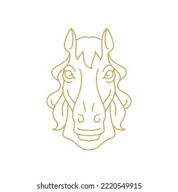 Horse head with mane golden line art minimalist icon vector illustration. Mustang equine muzzle livestock market agricultural ranch organic meat production monochrome linear logo design