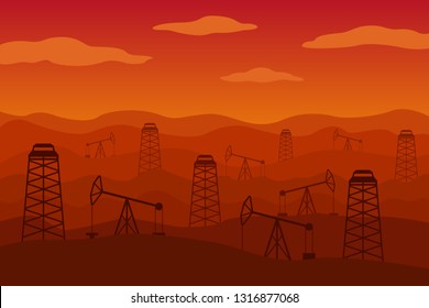 Horse head oil pumps and derricks in desert. Vector illustration.