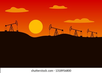Horse head oil pumps. Sunrise in desert. Oilfield view. Vector illustration.