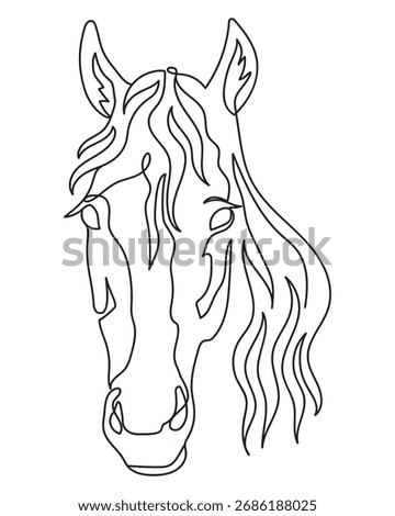Horse head one line drawing monochrome isolated vector illustration. Modern abstract equestrian design. Minimalist outline equine design element for posters, home interior, wall art, cards, embroidery