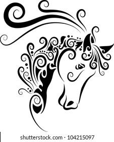 Horse head ornament decoration. animal sketch with floral decorative, for tattoo design