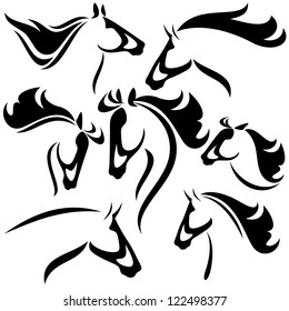 horse head outlines - black and white vector design set