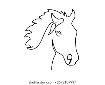 Horse head portrait in one continuous line drawing. Beautiful mustang in simple linear style. Wild animal symbol of speed and powerful in editable stroke. Doodle monoline vector illustration